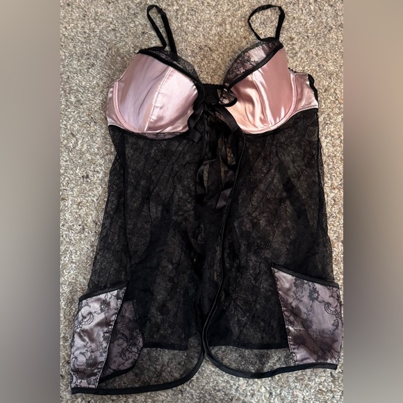 Victoria's Secret Other - Vintage Y2K Victoria’s Secret Lace Pink Satin Open Front Babydoll Lingerie